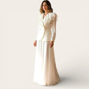 Alex Evenings Vintage 2pc Palazzo Pants & White Gold Ruffle Collar Chiffon Top 6